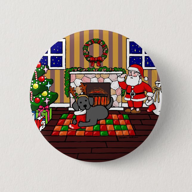 Black Labrador and Santa Christmas Cartoon Pinback Button (Front)