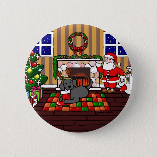 Black Labrador and Santa Christmas Cartoon Pinback Button