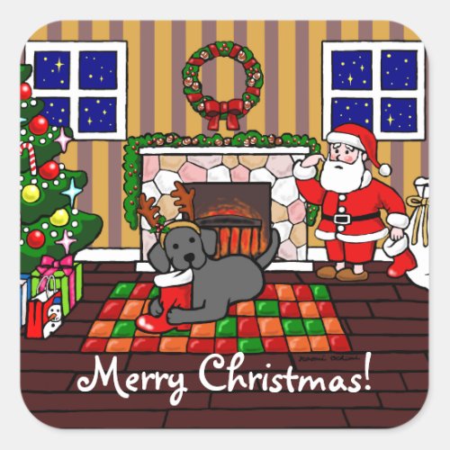 Black Labrador and Santa Christmas Cartoon Square Sticker