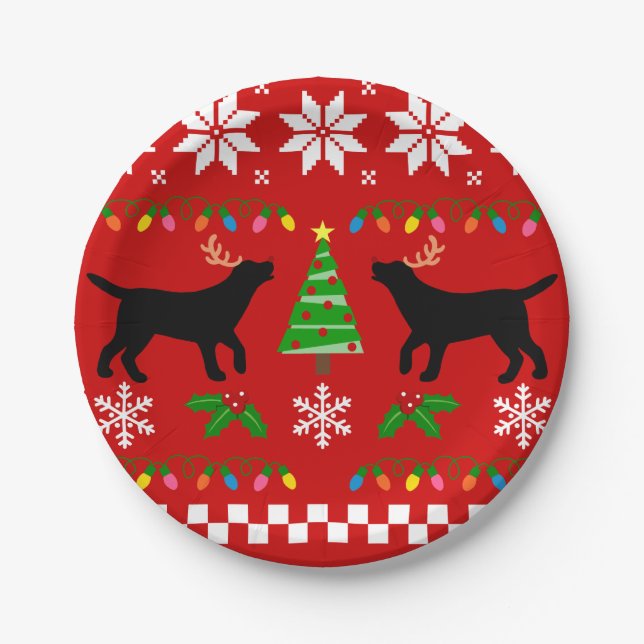 Black Labrador Antlers Christmas Paper Plates (Front)