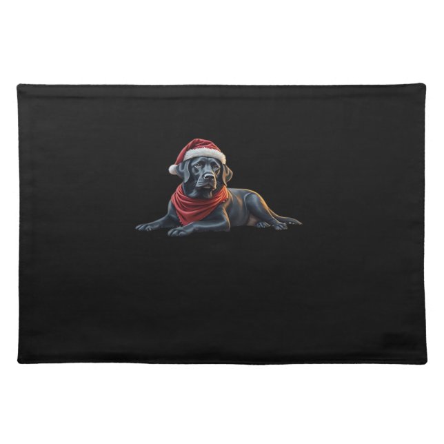 Black Labrador at Christmas in Santa Hat and Scarf Cloth Placemat (Front)