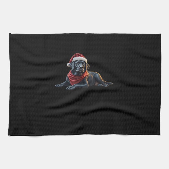 Black Labrador at Christmas in Santa Hat and Scarf Kitchen Towel (Horizontal)