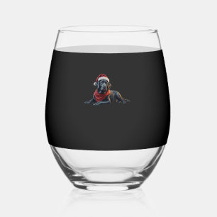 Black Labrador at Christmas in Santa Hat and Scarf Stemless Wine Glass
