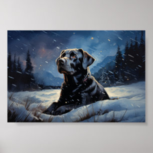 Black Labrador at winter night Poster