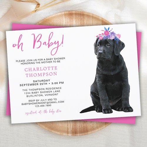 Black Labrador Baby Shower Puppy Dog Pink Girl Invitation