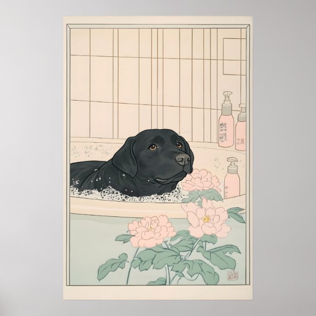 Black Labrador Bathroom Print Japandi Ukiyo-e (Front)
