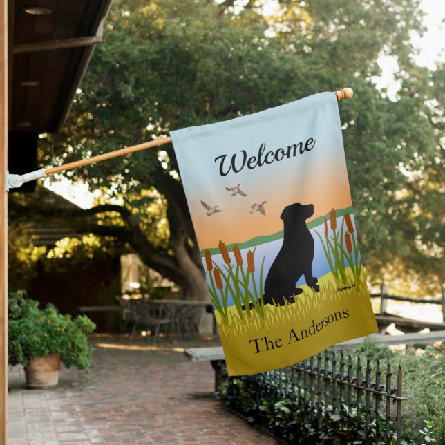 Black Labrador Bird Dog Sunset House Flag (In SItu)
