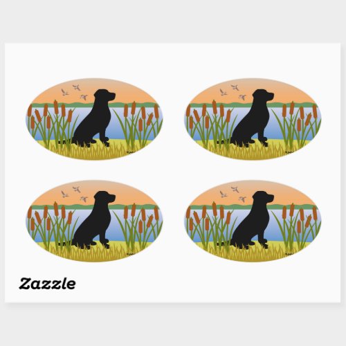 Black Labrador Bird Dog Sunset Oval Sticker