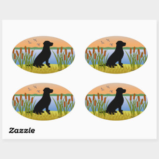 Black Labrador Bird Dog Sunset Oval Sticker