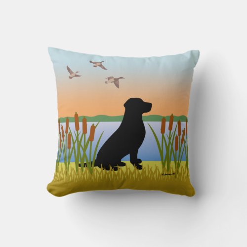 Black Labrador Bird Dog Sunset Throw Pillow