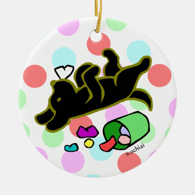 Black Labrador Cartoon Polka Dot Ornament (Front)