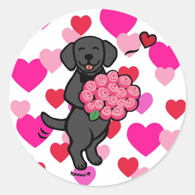 Black Labrador Cartoon Valentine Hearts Classic Round Sticker (Front)