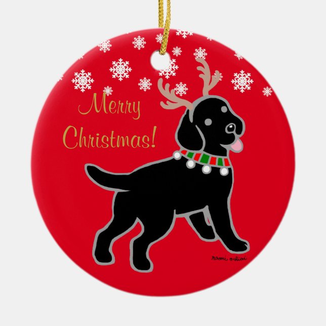 Black Labrador Christmas Antlers Ceramic Ornament (Front)