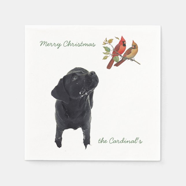 Black Labrador Christmas Cardinals Cute Dog Napkins (Front)