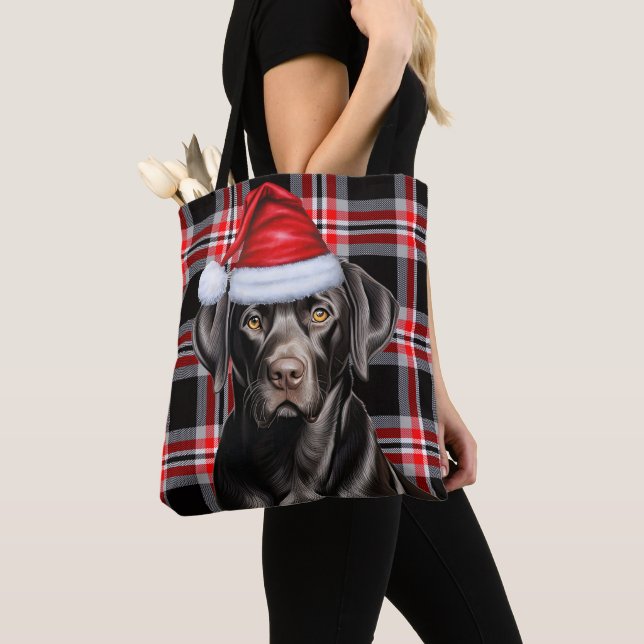 Black Labrador Christmas Dog Seasonal Plaid Tote Bag (Close Up)