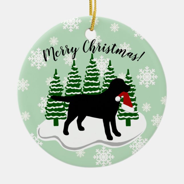 Black Labrador Christmas Evergreen Snowflakes Ceramic Ornament (Front)