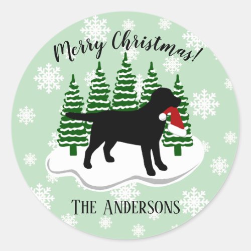 Black Labrador Christmas Evergreen Snowflakes Classic Round Sticker