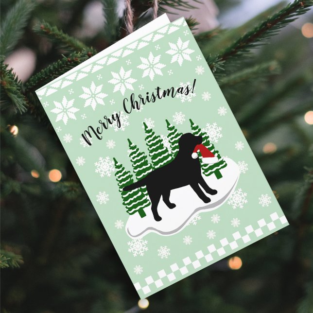 Black Labrador Christmas Evergreen Snowflakes Holiday Card (Black Labrador Evergreen Snowflakes Design Christmas Cards for Black Labrador Owners.  Silhouette.)