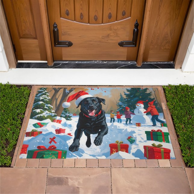 Black Labrador Christmas Festive Snow Scene  Doormat (Outdoor)