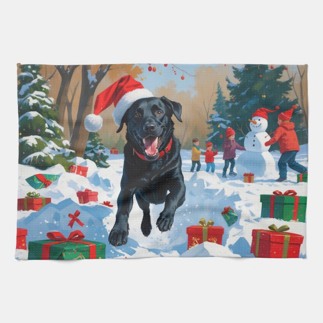 Black Labrador Christmas Festive Snow Scene  Kitchen Towel (Horizontal)