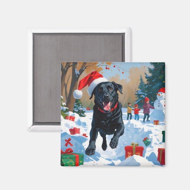 Black Labrador Christmas Festive Snow Scene  Magnet (Front/Back)