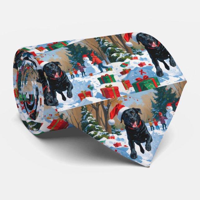 Black Labrador Christmas Festive Snow Scene  Neck Tie (Rolled)