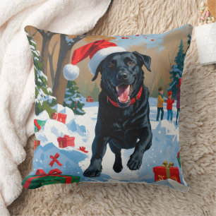 Black Labrador Christmas Festive Snow Scene Throw Pillow