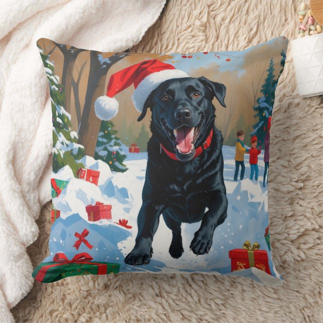 Black Labrador Christmas Festive Snow Scene  Throw Pillow (Blanket)