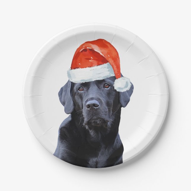 Black Labrador Christmas Holiday Cute Santa Dog Paper Plates (Front)