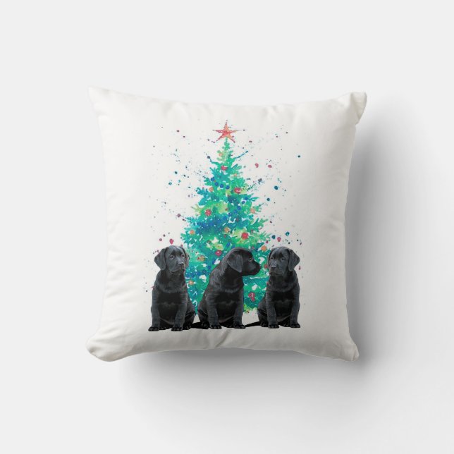 Black Labrador Christmas Puppy Throw Pillow (Front)