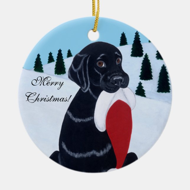 Black Labrador Christmas Santa Hat Ceramic Ornament (Front)