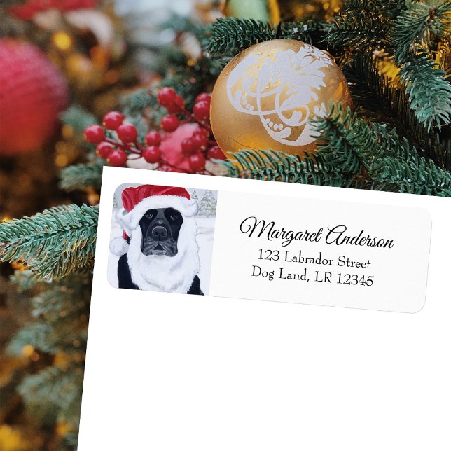 Black Labrador Christmas Snow Return Address Label (Black Labrador Christmas Snow Design Return Address Labels for Black Labrador Owners.  Santa hat.)