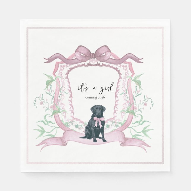 Black Labrador Coquette Pink Customizable Crest  Napkins (Front)