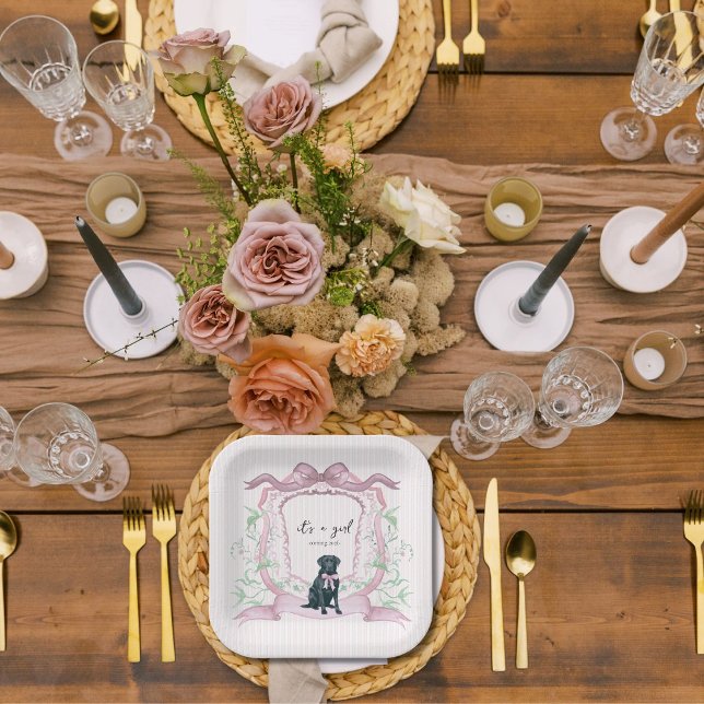 Black Labrador Coquette Pink Customizable Crest  Paper Plates (Creator Uploaded)