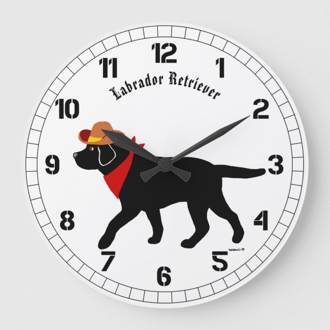 Black Labrador Cowboy Cartoon Large Clock (Front)