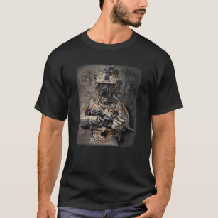 Black Labrador Dog as Army Commando in Full Tactic T-Shirt