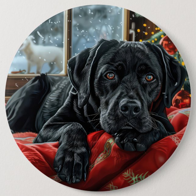 Black Labrador Dog Christmas Festive Button (Front)