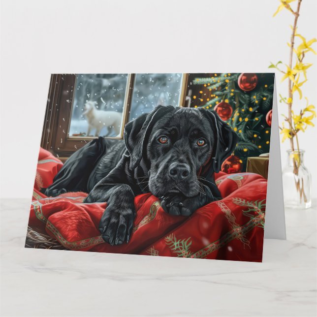 Black Labrador Dog Christmas Festive Card (Yellow Flower)