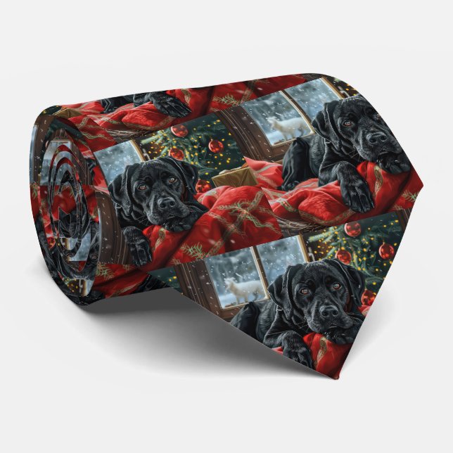 Black Labrador Dog Christmas Festive Neck Tie (Rolled)