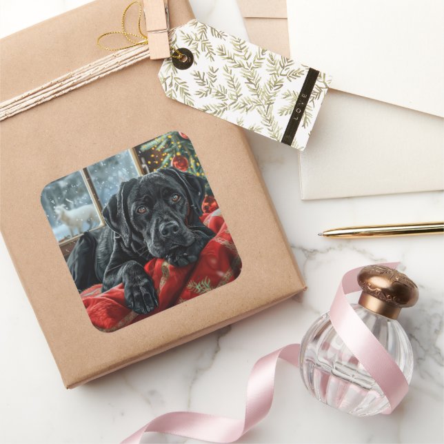 Black Labrador Dog Christmas Festive Square Sticker (Gifting)