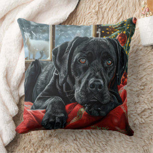 Black Labrador Dog Christmas Festive Throw Pillow