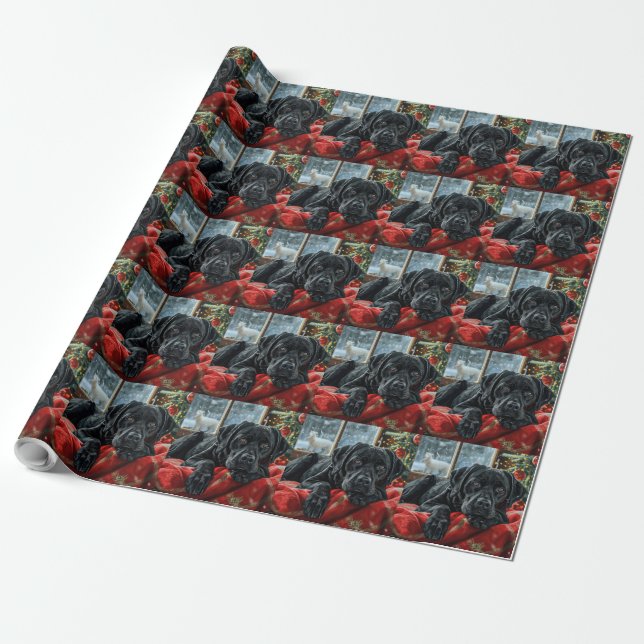 Black Labrador Dog Christmas Festive Wrapping Paper (Unrolled)