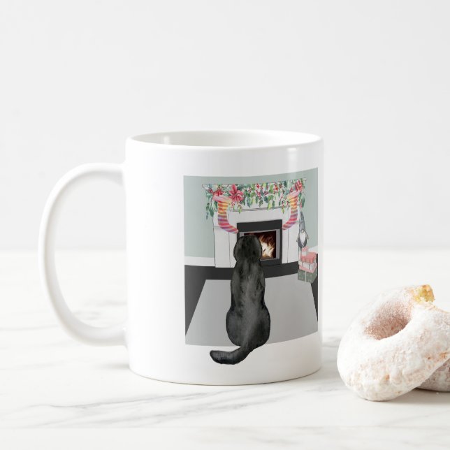 Black Labrador Dog Christmas Fireplace Scene Coffee Mug (With Donut)