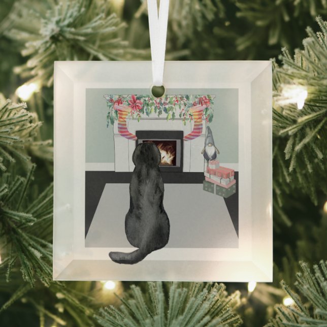 Black Labrador Dog Christmas Fireplace Scene Glass Ornament (Insitu)