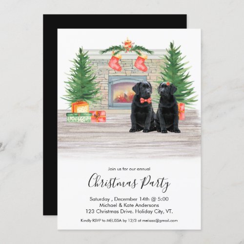 Black Labrador Dog Christmas Fireplace Scene Party Invitation