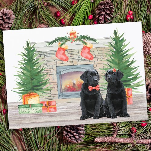 Black Labrador Dog Christmas Watercolor Fireplace Holiday Card