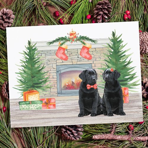 Black Labrador Dog Christmas Watercolor Fireplace  Holiday Postcard