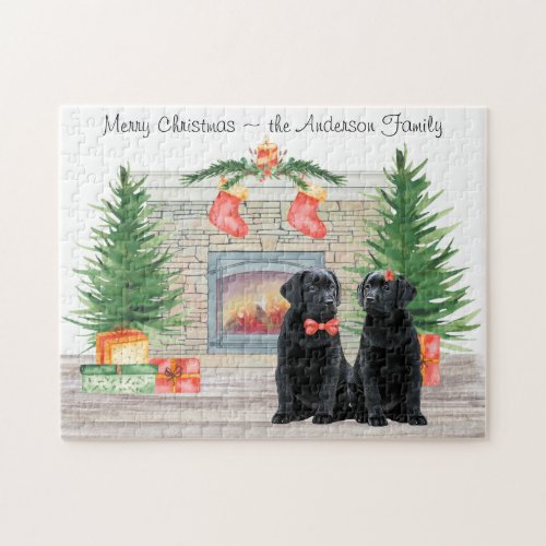 Black Labrador Dog Christmas Watercolor Fireplace Jigsaw Puzzle