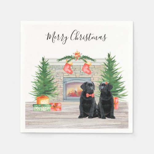 Black Labrador Dog Christmas Watercolor Fireplace  Napkins
