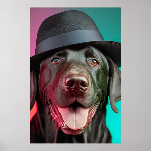 Black Labrador Dog in Fedora Hat Colorful Vibrant Poster (Front)